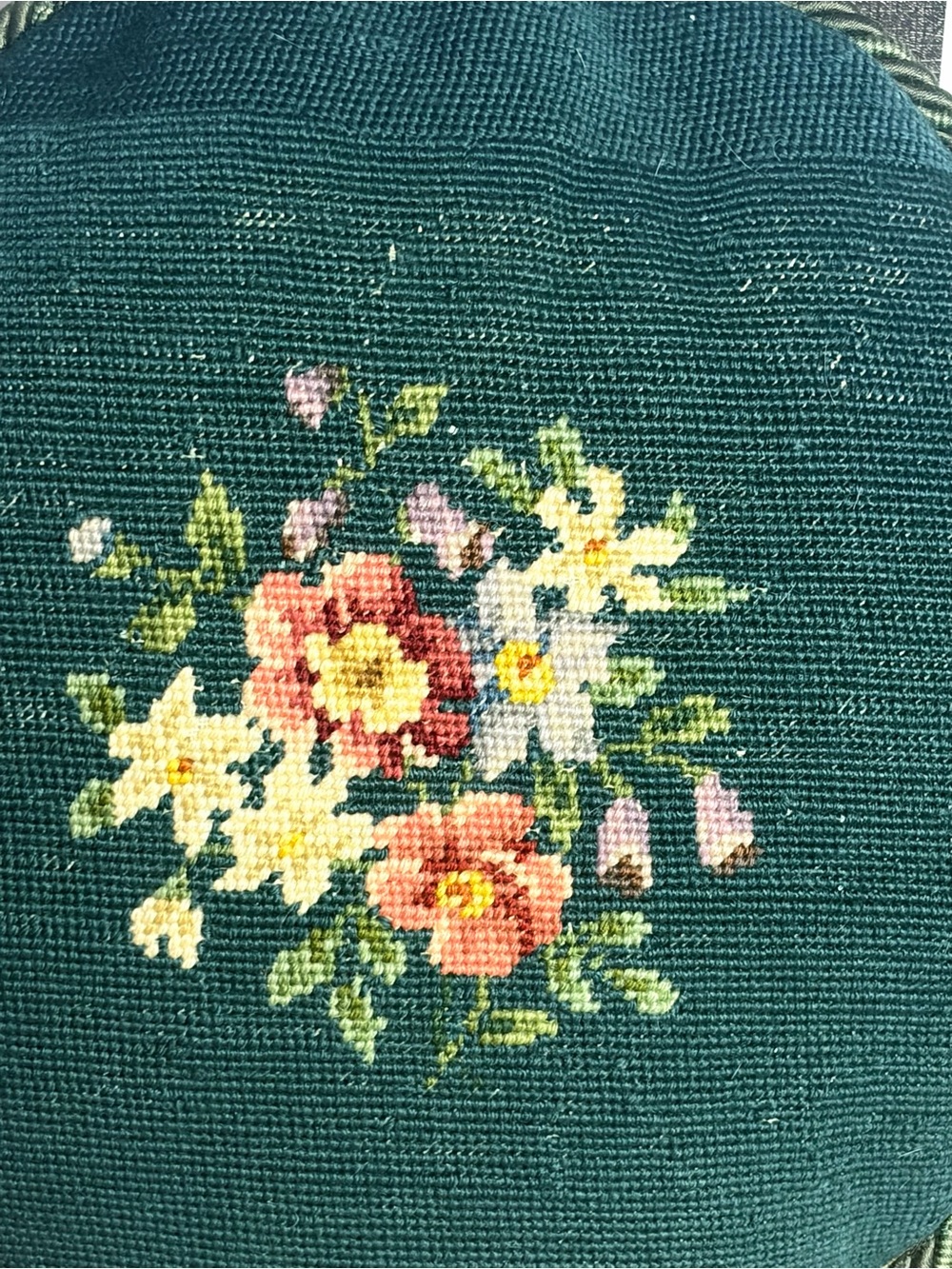 Vintage Round Needlepoint Floral Throw Pillow, 15" Diameter. Elegant dark green - Picture 3 of 8